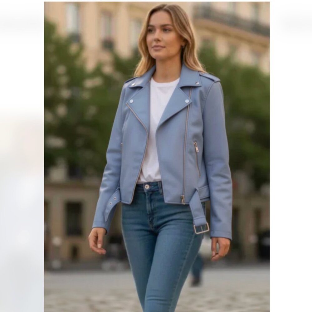 NWT Levi’s Women’s Faux-Leather Belted Hem Moto Jacket Dusty Blue Small